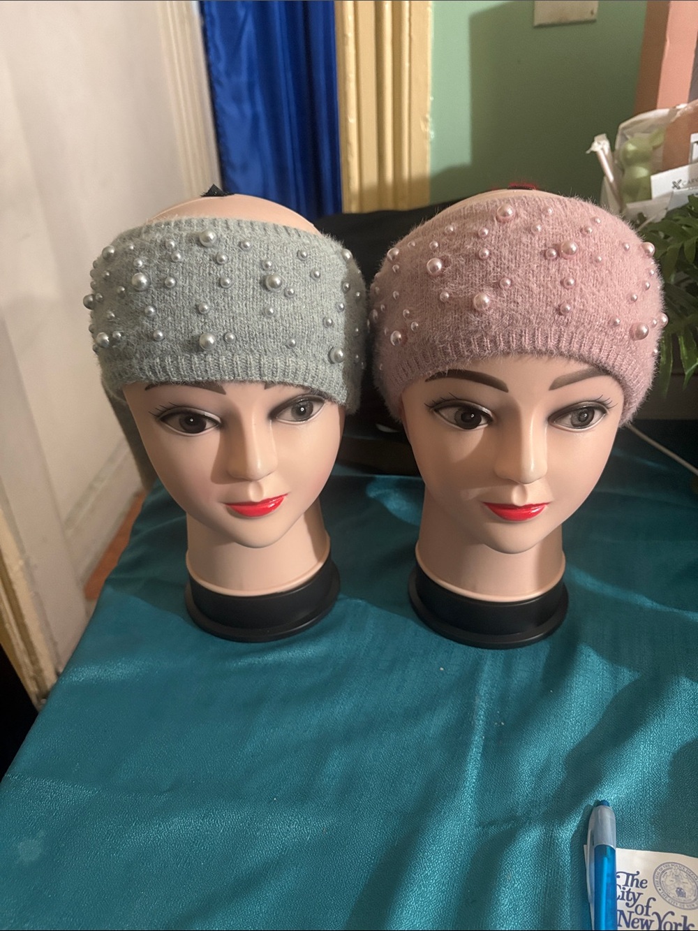 Pearl Accent Knit Headband - Pink or Light Gray, Black and White.